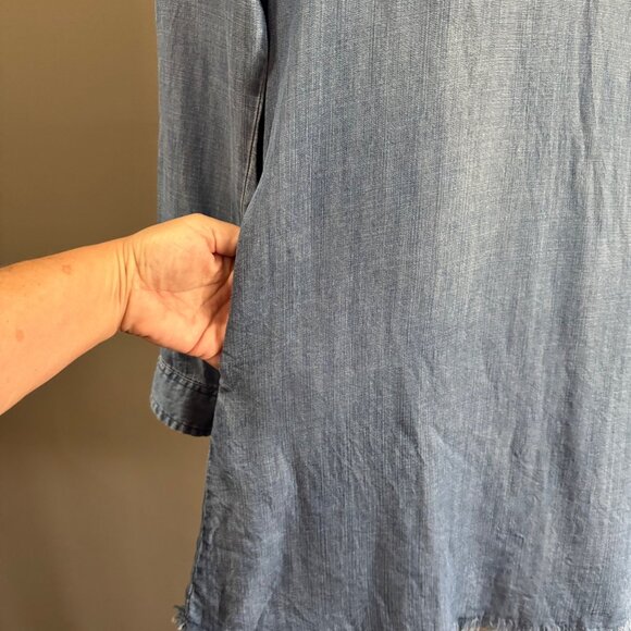 Joh Boho Tunic Dress S Blue Denim Style Fringe Hem Aztec Fabric Yoke - Picture 4 of 14